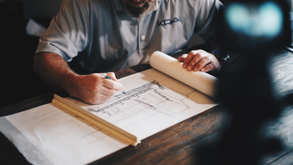 Bathroom design plans on a worktable